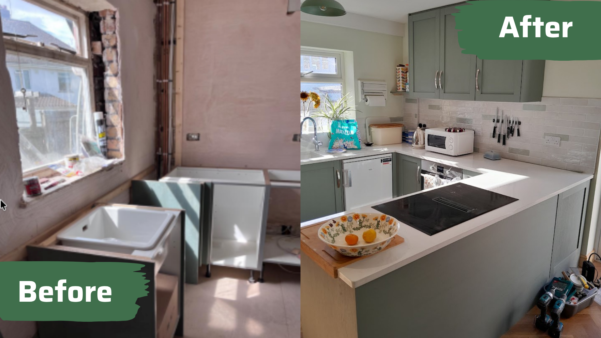 Before and after of a kitchen refit with sage green shaker units by MyDeskin Carpentry, Keynsham