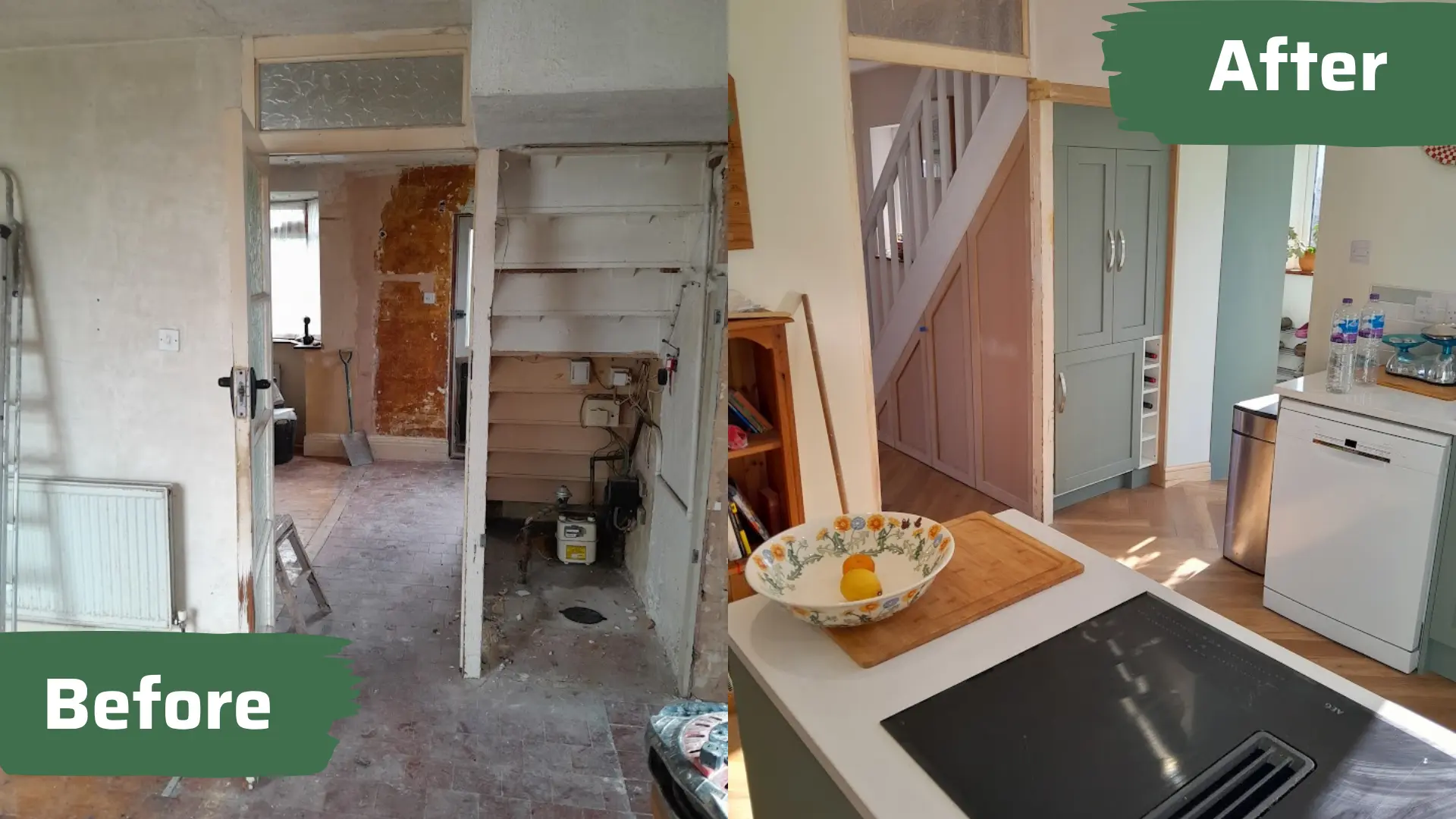 Before and after of a hallway and understairs cupboard joinery by MyDeskin Carpentry, Keynsham