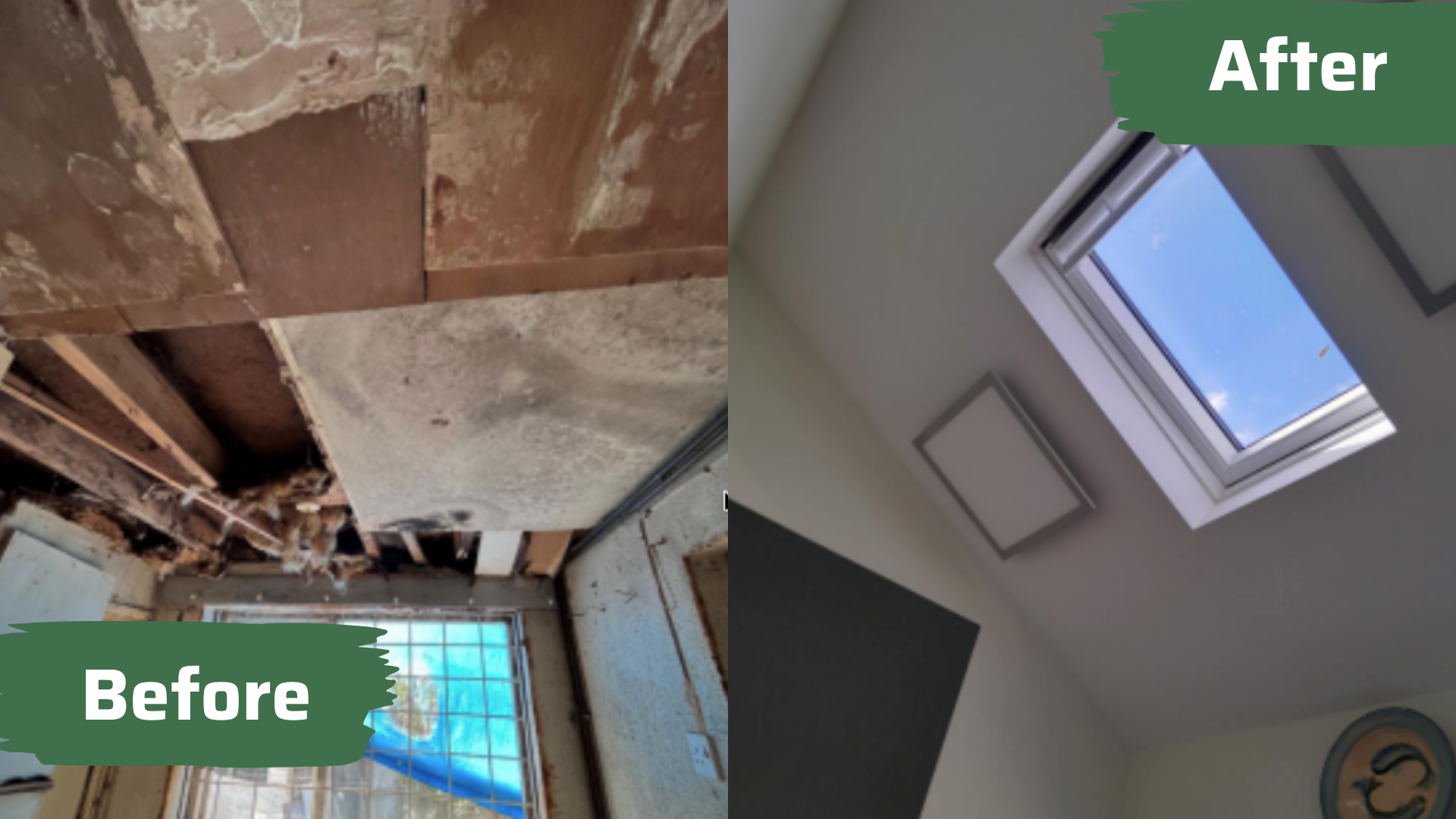 Before and after of a water-damaged utility ceiling with a new skylight by MyDeskin Carpentry, Keynsham