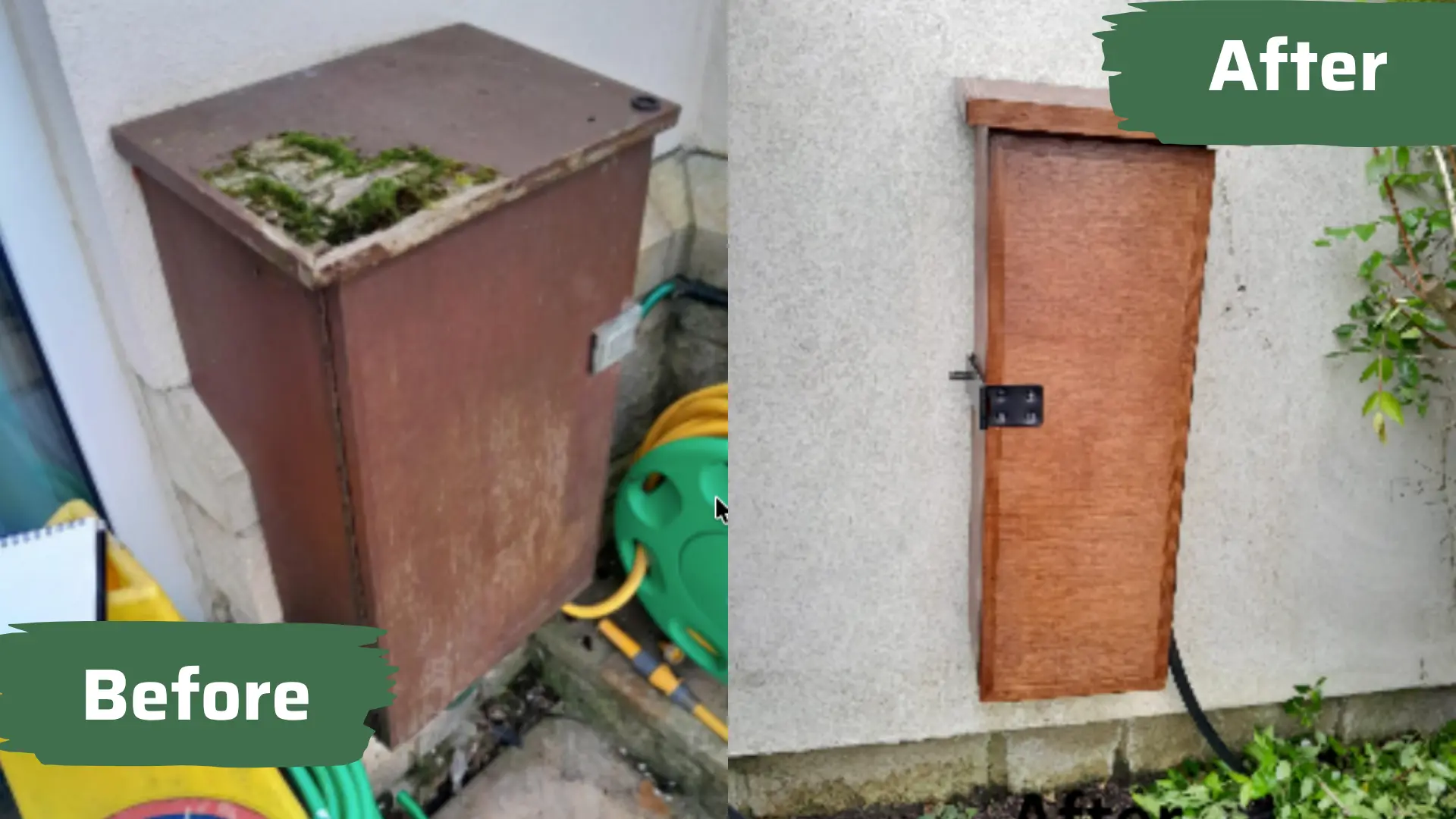 Before and after of a rotten outdoor box replaced with a hardwood hosepipe box by MyDeskin Carpentry, Keynsham