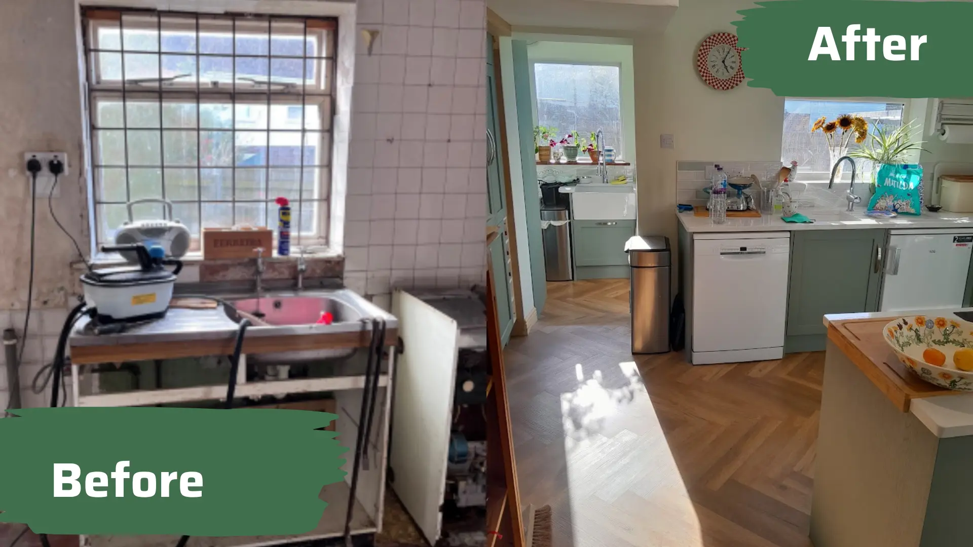 Before and after of a kitchen sink area and flooring by MyDeskin Carpentry, Keynsham