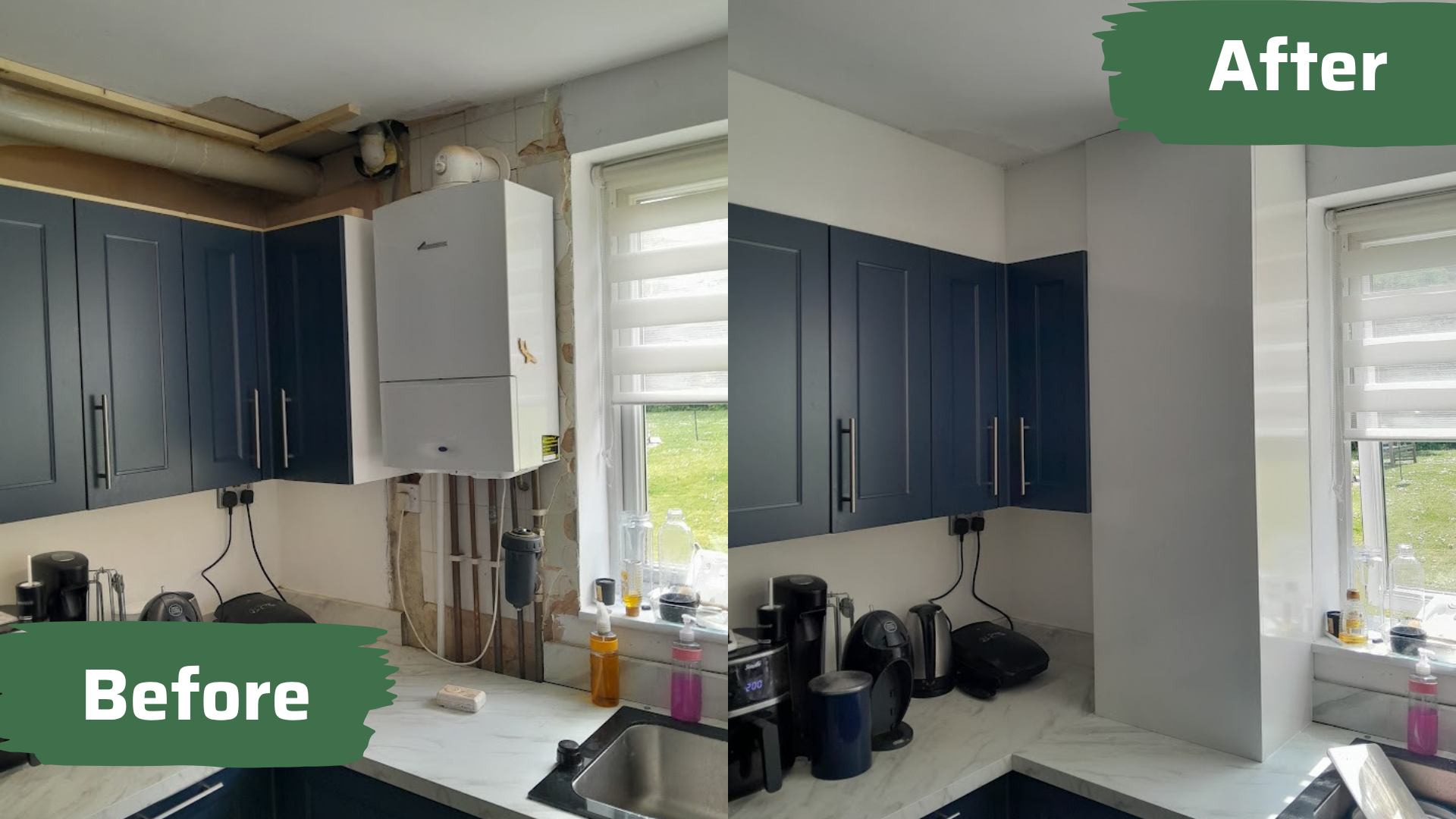 Before and after of boxing in kitchen cupboard space around a boiler by MyDeskin Carpentry, Keynsham