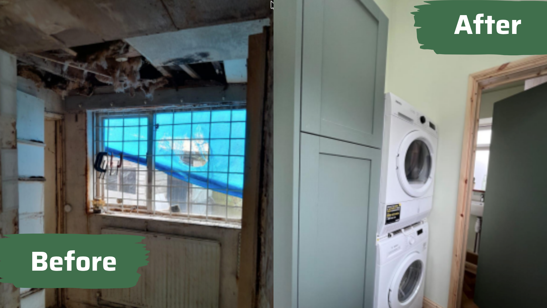 Before and after of a utility room with fitted tall cupboard by MyDeskin Carpentry, Keynsham